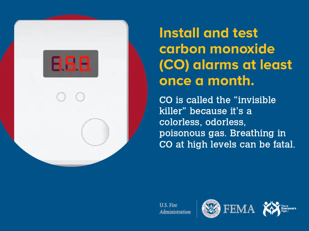 Carbon monoxide detector displaying a hazard alert on a blue and red background with a message encouraging the installation and testing of co alarms, featuring logos of the u.s. fire administration and fema.